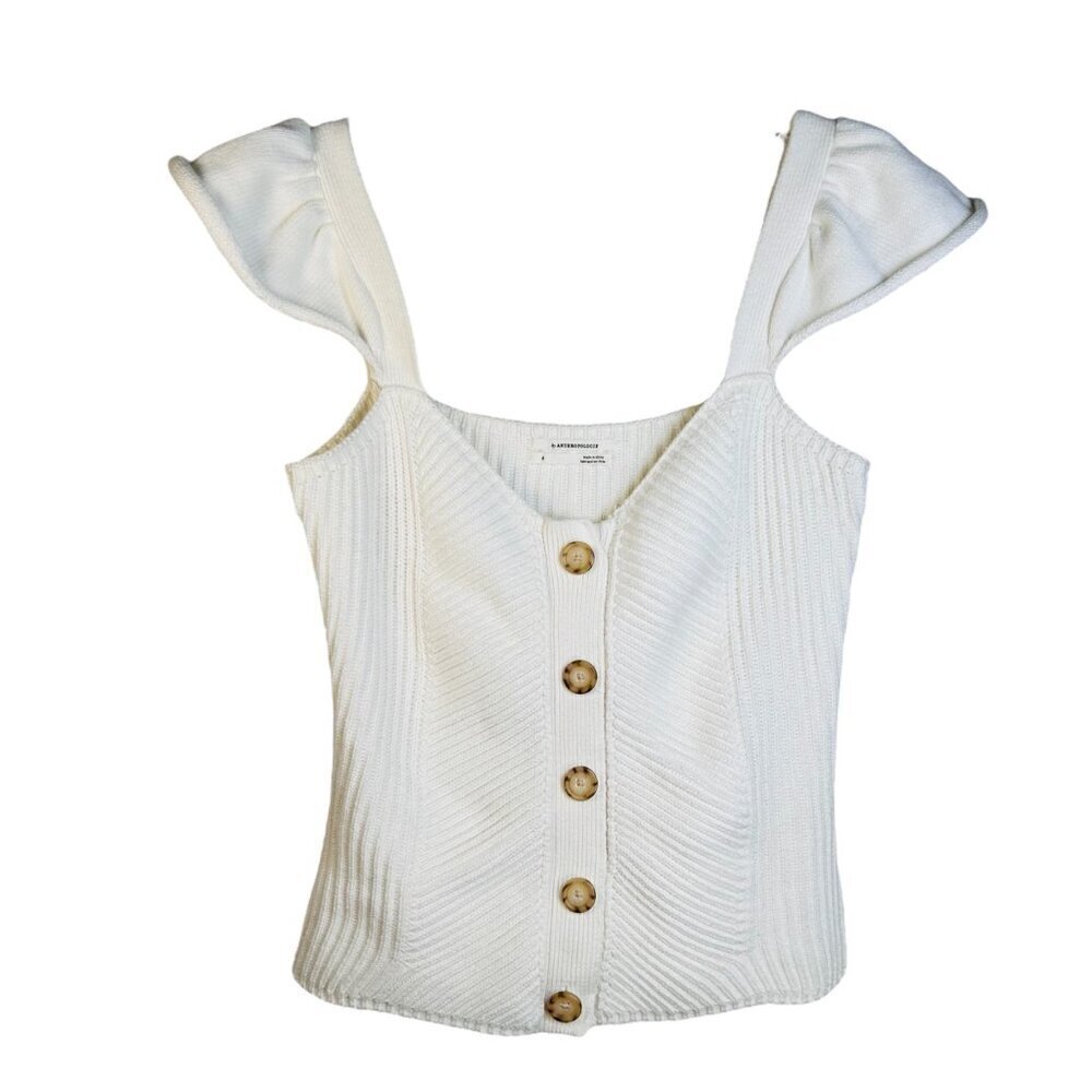 Anthropologie Size Small Cream Knit Tank Ruffle Feminine Flirty